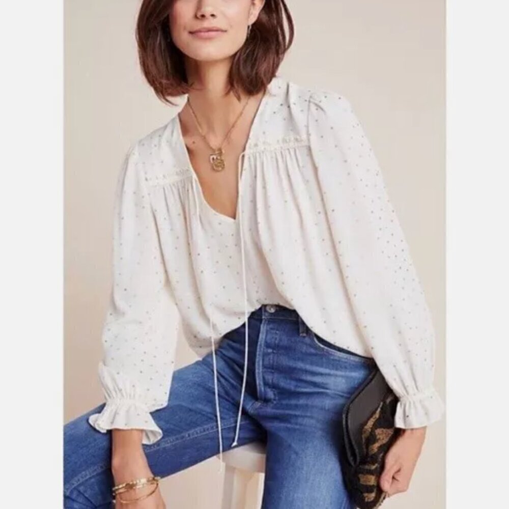 Current Air Anthropologie Size Small Cream Gold Stars Bristol Long Sleeve Top